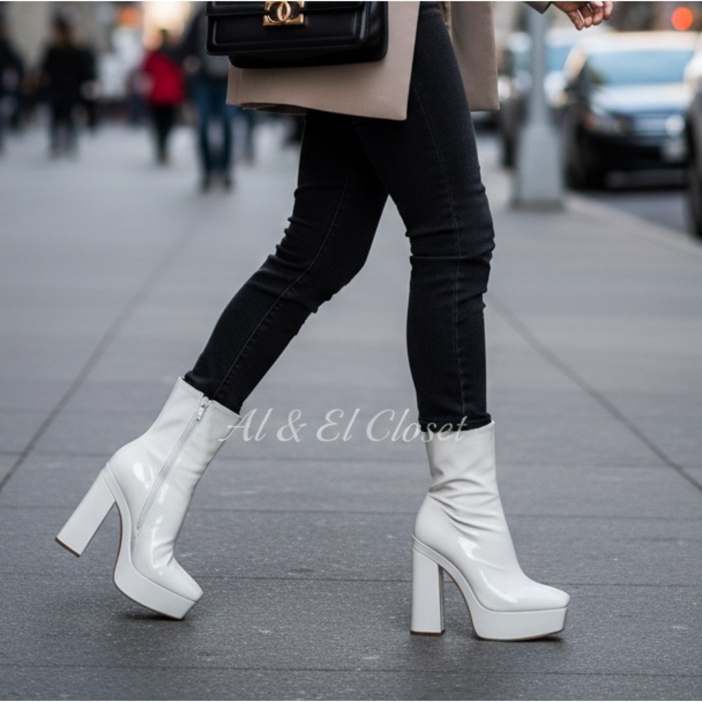 Guess BYRA Women’s Platform Block Heel Ankle Boots Ivory Patent Size 10M NWB